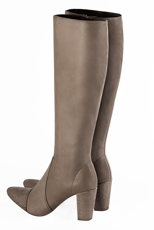 Bronze beige women's feminine knee-high boots. Round toe. High block heels. Made to measure. Rear view - Florence KOOIJMAN